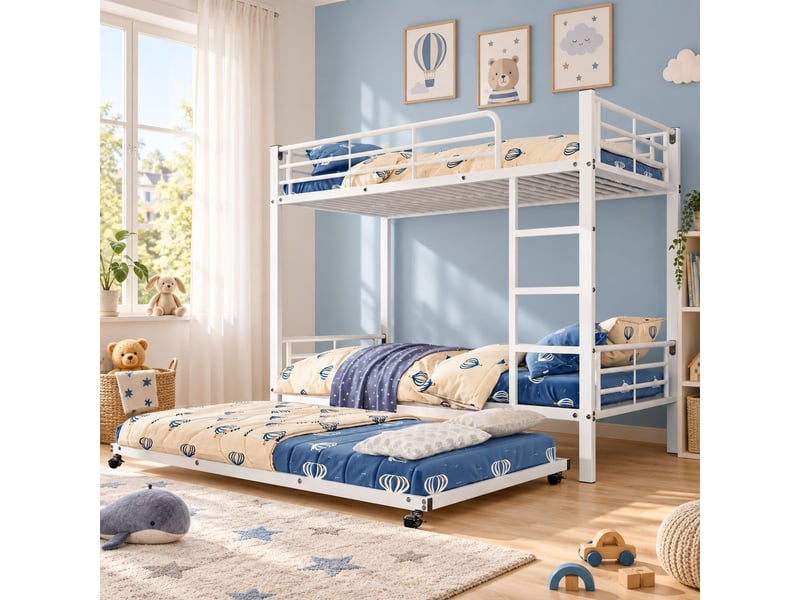  Lit superposé enfant 90x200 cm avec lit gigogne 90x190 cm, 3 couchages, certifié en 747, échelle, barrières de sécurité, métal blanc  - Conforama B
