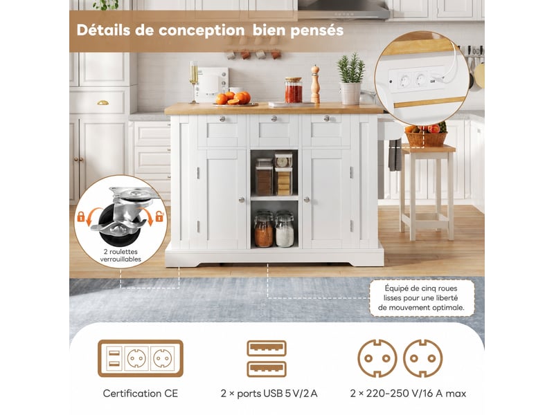 Îlot de cuisine mobile avec plan rabattable, rangements et prise usb, blanc et bois naturel - Conforama C