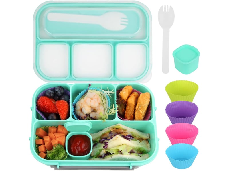  Coffret bento 7 pièces pour adultes et enfants, boîte à lunch à 4 compartiments, ustensiles, pot à sauce, caissettes à muffins, 1300 ml  - Conforama E
