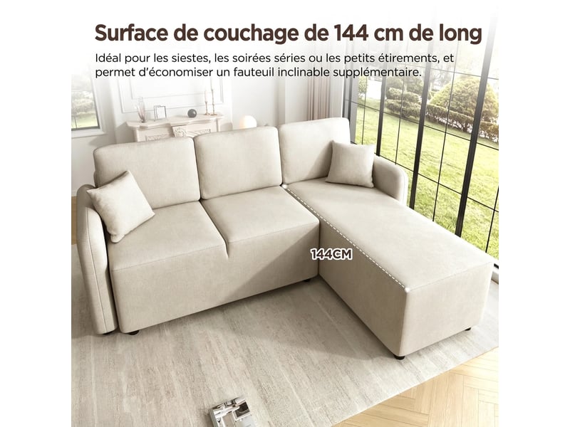 Canapé d'angle 3 places en l avec méridienne longue 144 cm - chenille douce, 2 coussins inclus - Conforama R