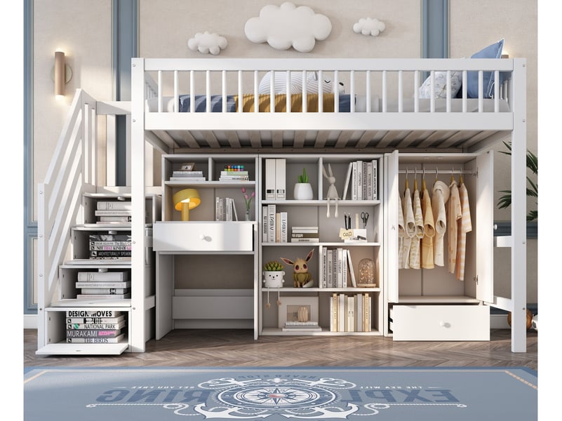  Lit mezzanine, 90x200 cm, avec bureau, échelle, rangements, armoire, bois, blanc  - Conforama B