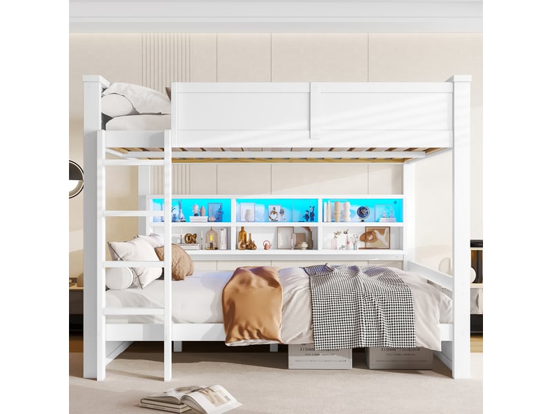 Lit superposé 160x200 cm blanc, avec 6 rangements, led, structure bois, sommier inclus, sans matelas - Conforama W