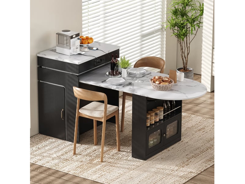  Îlot de cuisine extensible à roulettes noir avec 2 tiroirs 2 portes, led, effet marbre  - Conforama B