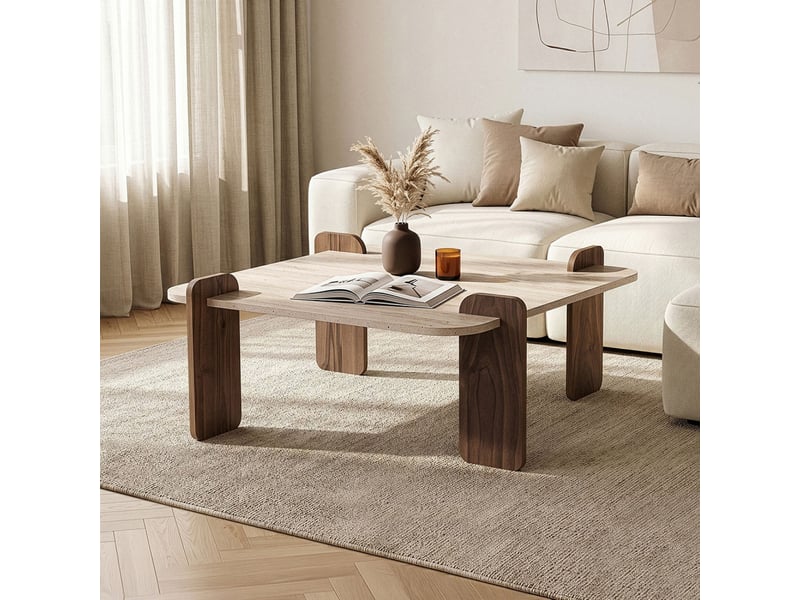  Table basse carrée effet travertin et noyer 90x90cm tasi  - Conforama D