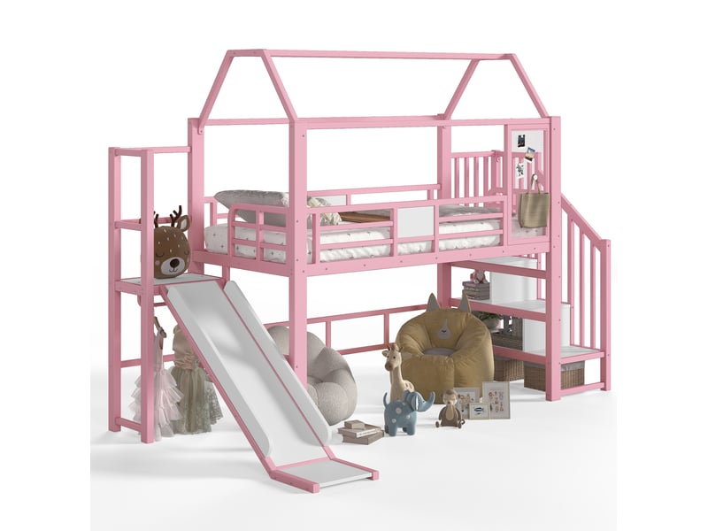  Lit mezzanine enfant 90 × 200 cm 1 place avec toboggan, escalier à rangements et led bluetooth, sans matelas, rose  - Conforama A