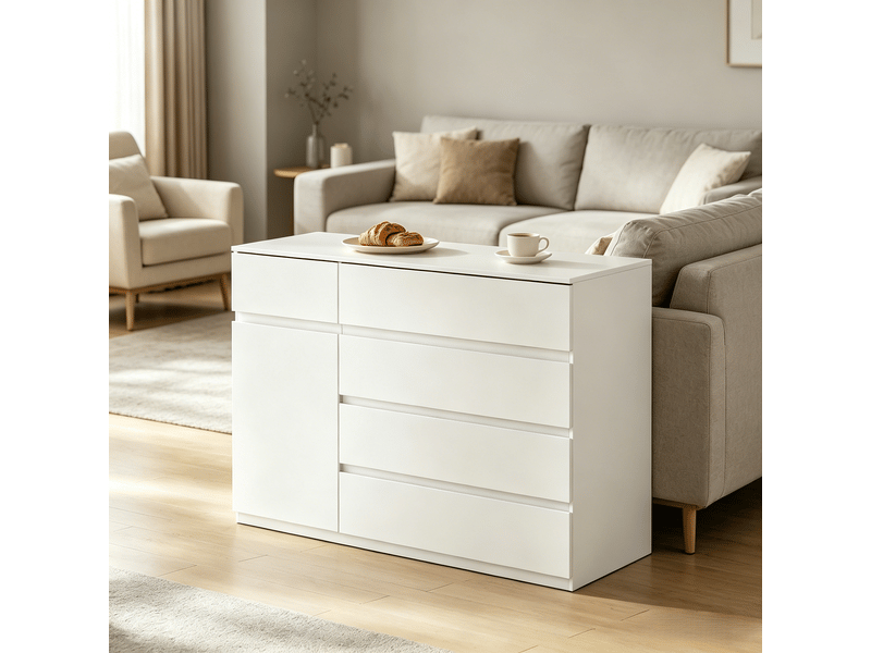  Commode avec 5 tiroirs et 1 porte de rangement pour chambre en panneaux de particules 100×40×80 cm blanc  - Conforama B