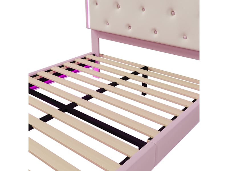  Lit enfant 140x200 cm princesse avec led et sommier, pu et mdf, rose, sans matelas  - Conforama D