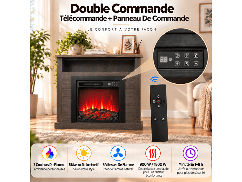  Homavo cheminée électrique 18 pouces grise avec meuble cheminée, 900 w1800 w avec 2 niveaux de chauffe, flammes 3d à 7 couleurs, télécommande + commandes sur panneau, minuterie 1–8 h, avec espace de rangement  - Conforama E