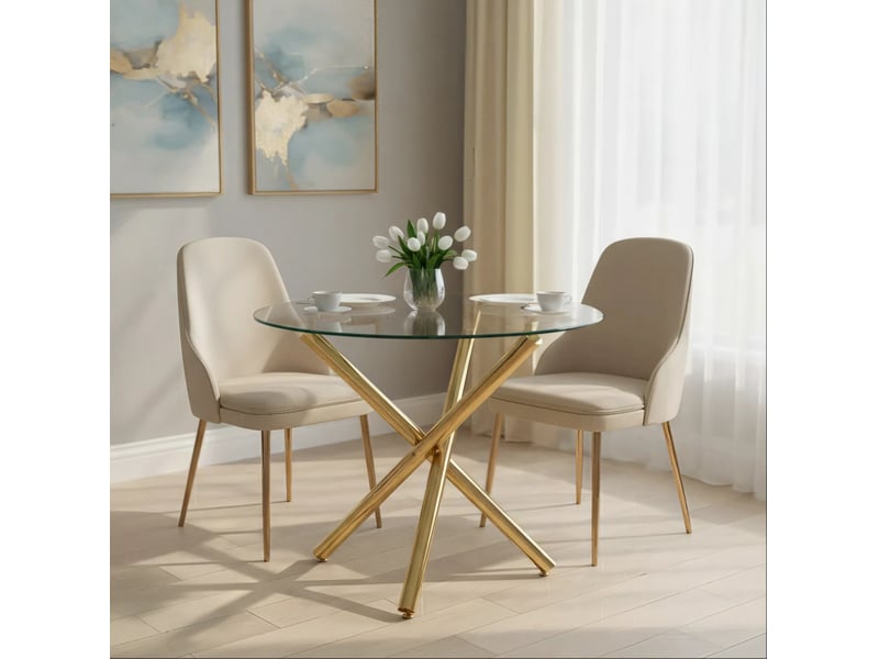  Table à manger ronde 80x80x77 cm, dessus en verre trempé, finition dorée, usage salon, séjour, pieds croisés métalliques  - Conforama E