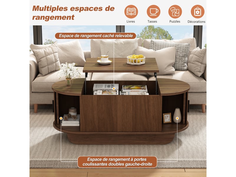 Table basse à bords arrondis 100 x 50 x 42 cm avec rangements, plateau central relevable, coffre intégré, 2 portes à rideau, mdf, décor noyer Luxe haut de gamme - Conforama W