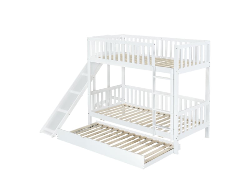  Lit superposé 90x200 cm, lit simple, lit gigogne 90x190, barrière sécurité, toboggan, étagères, en bois, blanc, sans matelas  - Conforama A