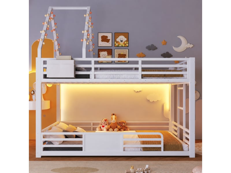 Lit superposé enfant 140 x 200 cm avec led multicolore, toit cabane et rangement, blanc - Conforama C