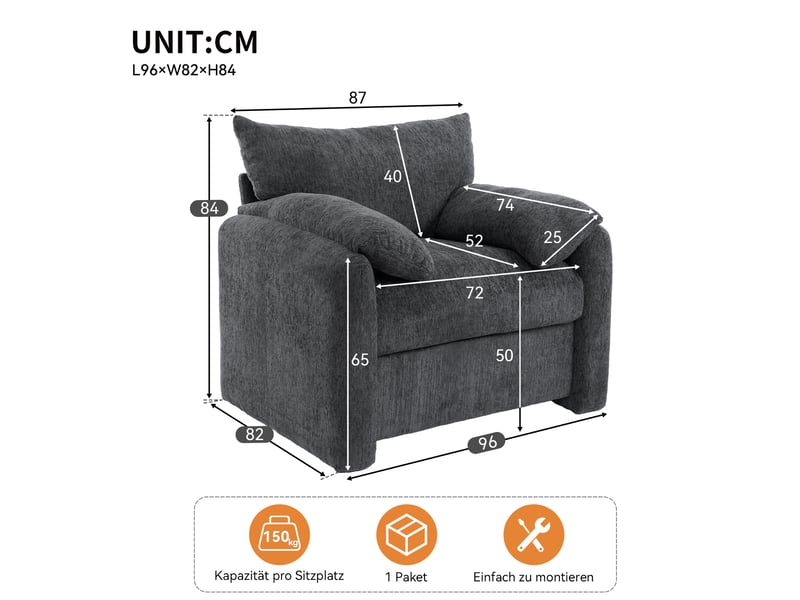Fauteuil 1 place grande largeur 96 cm en chenille, fauteuil lounge confortable avec coussins d’accoudoirs, structure robuste, pour salon et chambre - gris - Conforama D