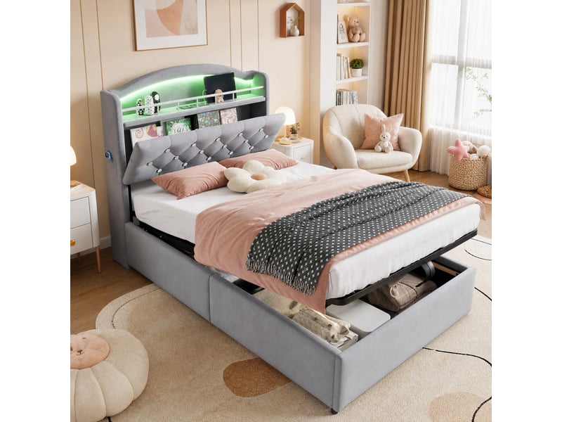 Lit enfant coffre 90x200 cm avec led, usb et usb-c, velours gris - Conforama C