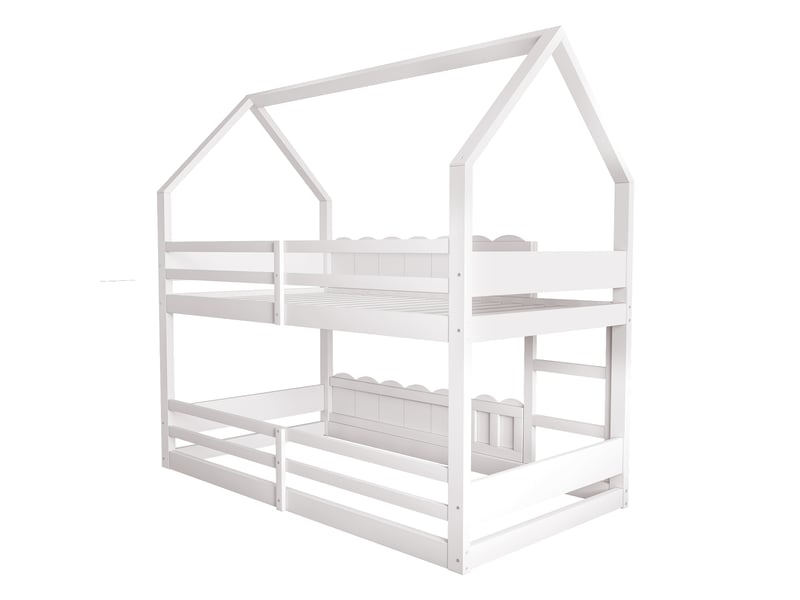 Lit superposé enfant 90x200 cm, forme de maison avec barrières surélevées, un seul sommier, bois, blanc, sans matelas - Conforama R