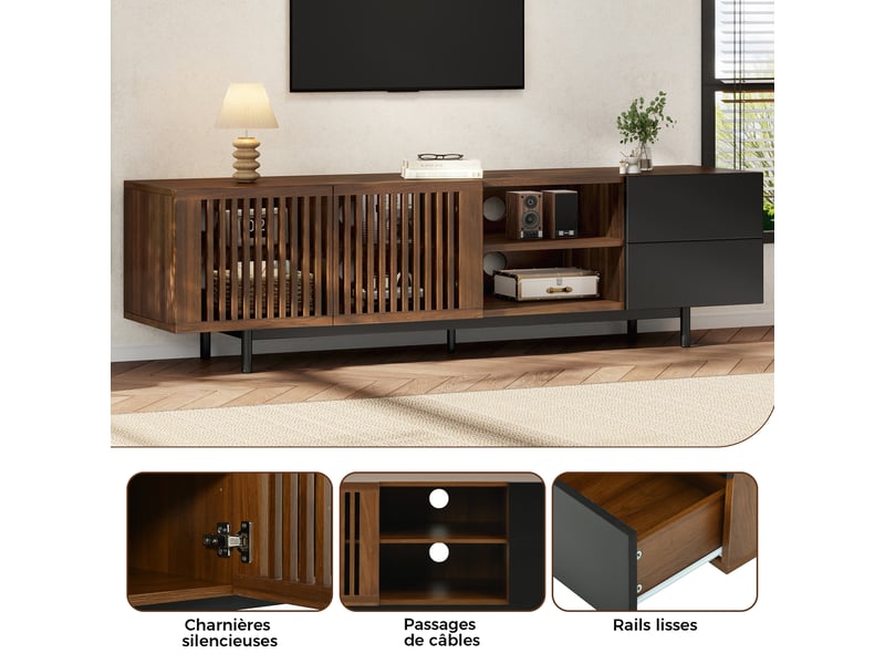  Meuble tv 160 cm pour écran jusqu’à 60 pouces, 2 portes à lattes, 2 tiroirs, niches ouvertes, passe-câbles, mdf effet noyer et noir, pour salon  - Conforama E