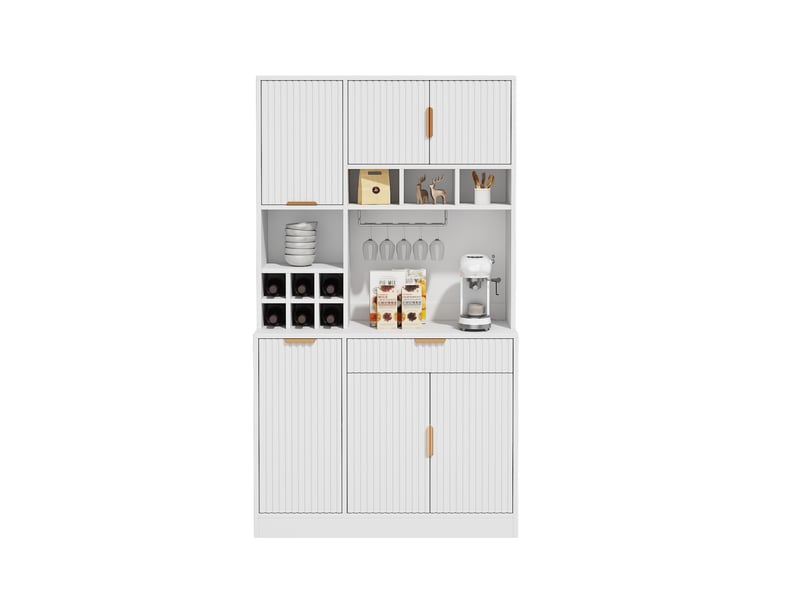  Buffet haut blanc 100 × 40 × 175 cm, 2 prises, usb-ausb-c, casier à bouteilles, façades cannelées, étagères réglables  - Conforama A