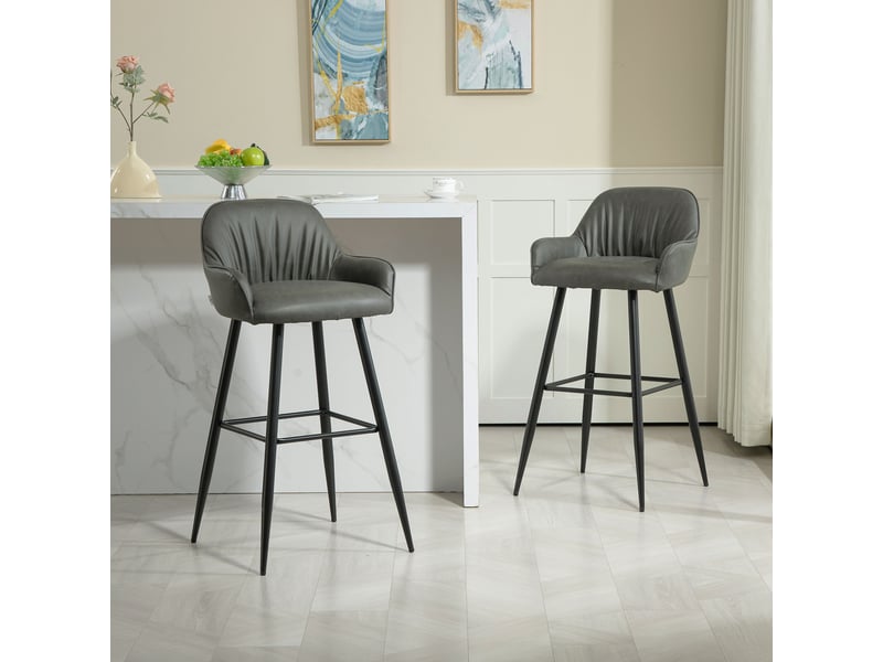  Ensemble de 2 tabourets de bar modernes avec repose-pieds et dossier, revêtement en similicuir pu et acier, gris  - Conforama C