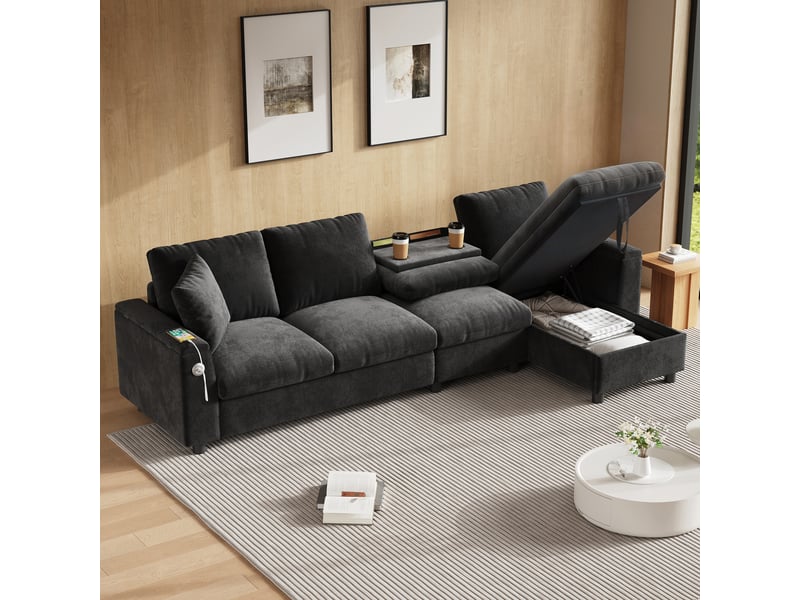  Canapé d'angle, canapé chenille – port usb, avec accoudoirs, en tissu chenille, gris, porte-gobelets  - Conforama D