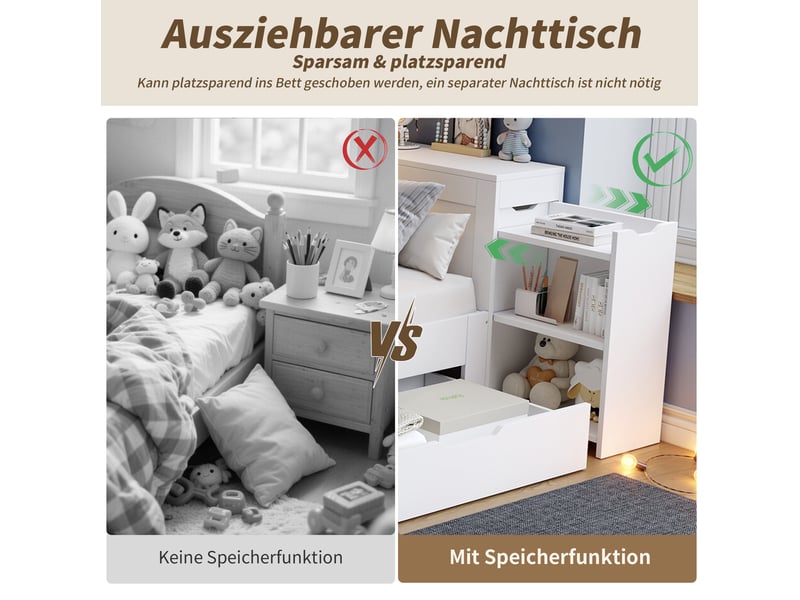  Lit simple enfant 90x200 cm – blanc – daybed avec grand tiroir, rangements et sommier inclus - sans matelas  - Conforama E