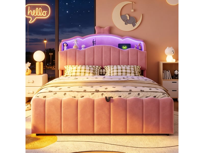  Lit coffre 2 places 140x200 cm - lit avec rangement hydraulique, tête de lit led, usb et usb-c - velours - rose  - Conforama R