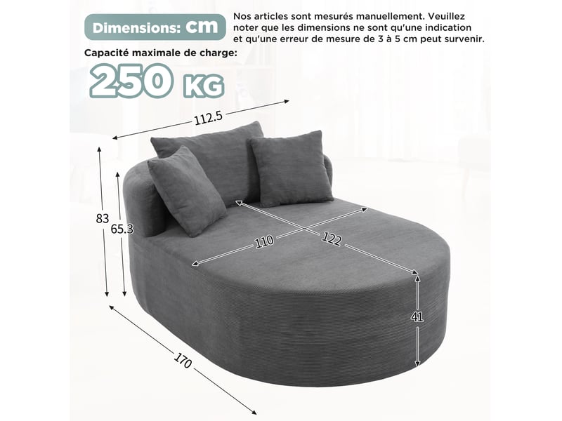  Fauteuil relax ovale avec assise profonde et montage sans effort, en tissu côtelé gris foncé  - Conforama D