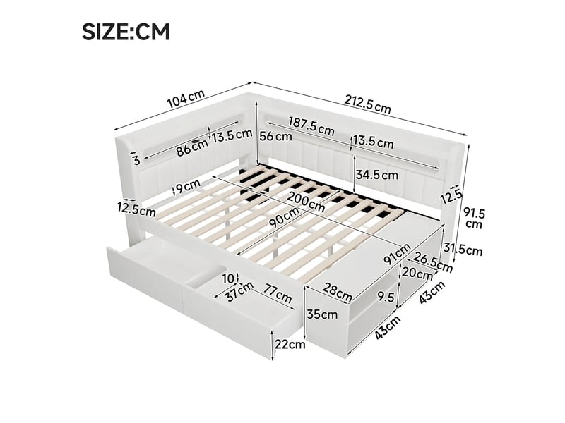  Canapé-lit capitonné 90x200 avec port usb et tiroirs de rangement, meuble à chaussures, blanc  - Conforama E