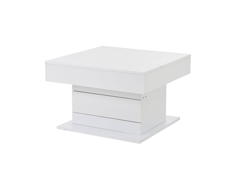 Table basse géométrique 70x70 cm – plateau pivotant 360°, relevable avec tiroir et rangement caché – blanc brillant  - Conforama A