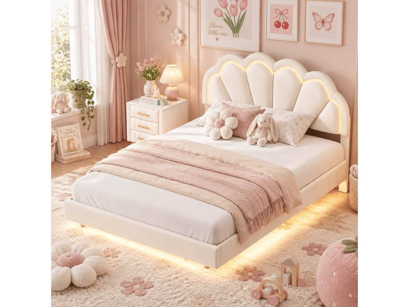  Lit double 140x200 cm, lit enfant avec tête de led réglable et sommier à lattes, lit flottant design forme couronne pour adolescents, velours, beige  - Conforama B