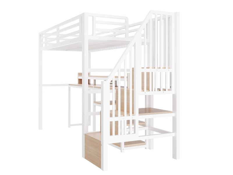  Lit mezzanine 90x200 cm blanc et noir en métal et mdf, rangements, usb, usb-c et led, sans matelas  - Conforama D