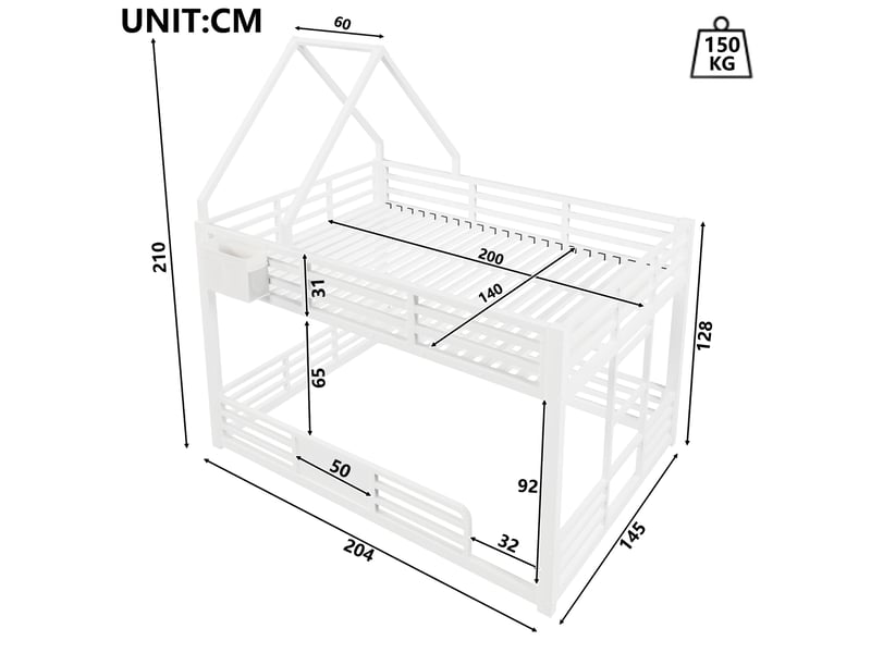  Lit superposé 2 places 140×200 cm avec led réglable, poches et barrière - okmyhome- blanc, sans matelas  - Conforama D