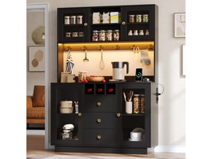 Buffet de cuisine noir haut 120x40x170cm, meuble rangement avec 3 tiroirs et portes acrylique transparentes pour salle à manger moderne