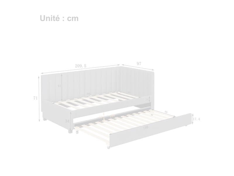  Lit banquette simple en velours gris avec couchage gigogne, sommier à lattes, 90×200 cm, sans matelas  - Conforama D