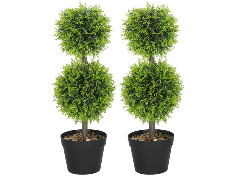 Lot de 2 plantes artificielles décoratives, boules de buis artificiel 60 cm avec pot, plastique, vert  - Conforama B