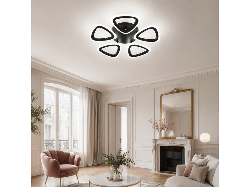  Plafonnier led fleur 5 branches en acrylique, d48 x h7 cm, lampe de plafond 35 w 1999 lm, noir sable, avec mémoire, salon, chambre, cuisine  - Conforama B