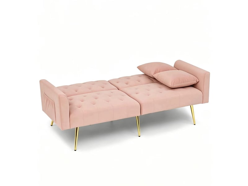  Canapé 2 places en velours rose, dossier réglable 3 positions avec coussins et pieds métal  - Conforama E