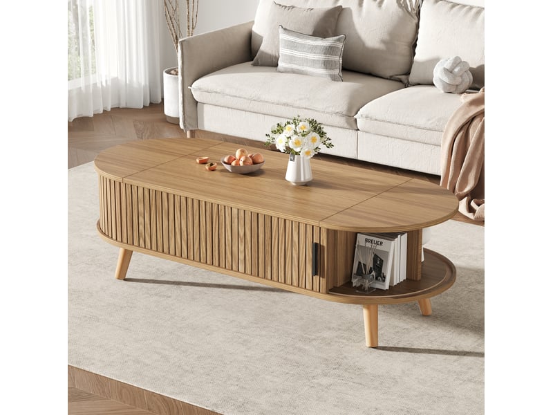  Table basse 120x50x39,5 cm, plateau escamotable, rangement salon, meuble fonctionnel, pour intérieur, en mdf, naturel  - Conforama E