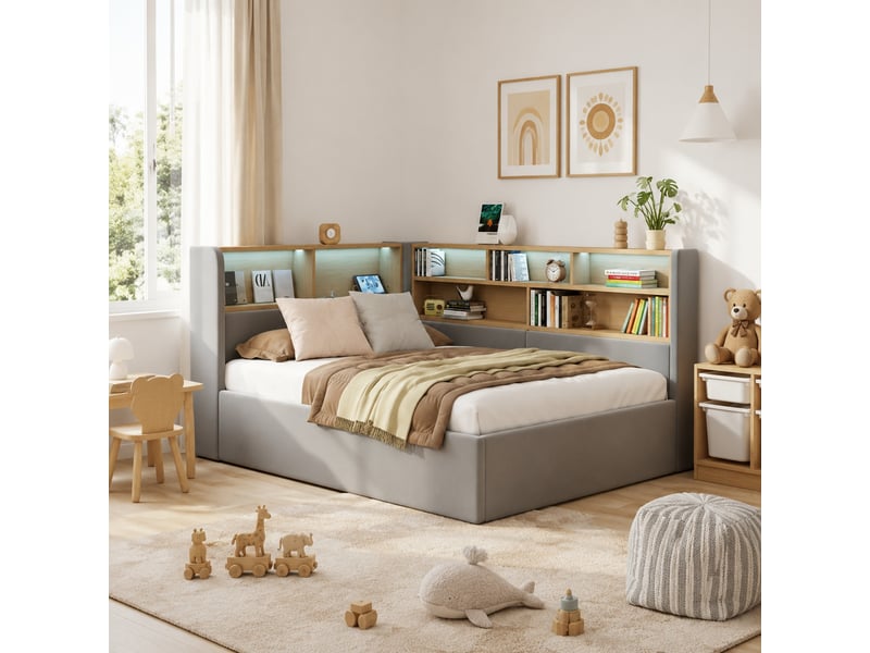  Lit banquette avec rangement hydraulique, éclairage intégré et ports de charge, revêtement en velours gris  - Conforama B