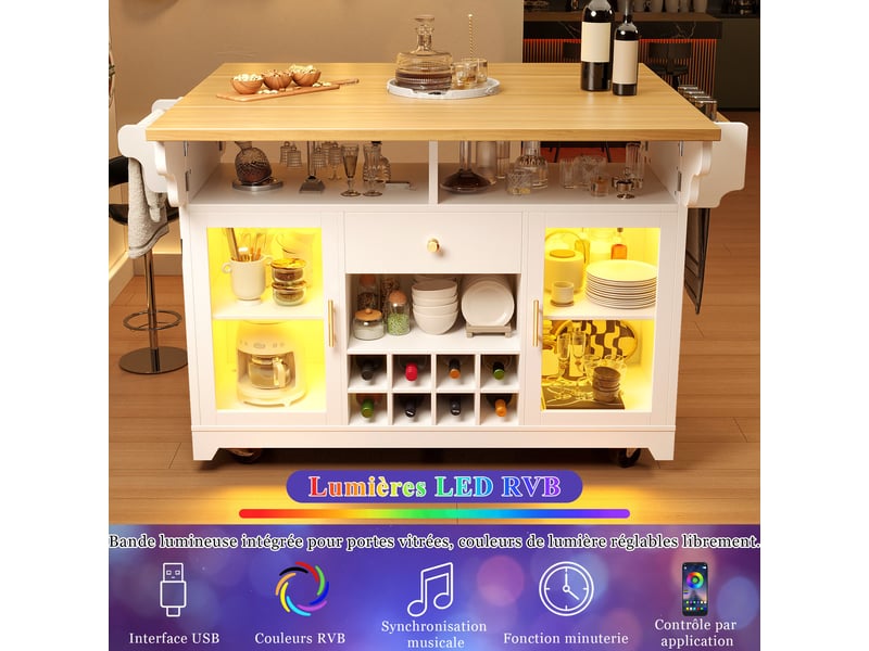  Îlot de cuisine 120 x 4080 x 95 cm, led rgb, plateau rabattable, buffet roulant, 2 portes 1 tiroir, casier à vin, blanc  - Conforama E