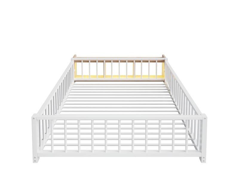 Lit bas métal 140x200 cm blanc avec garde-corps, casiers et éclairage led - Conforama A