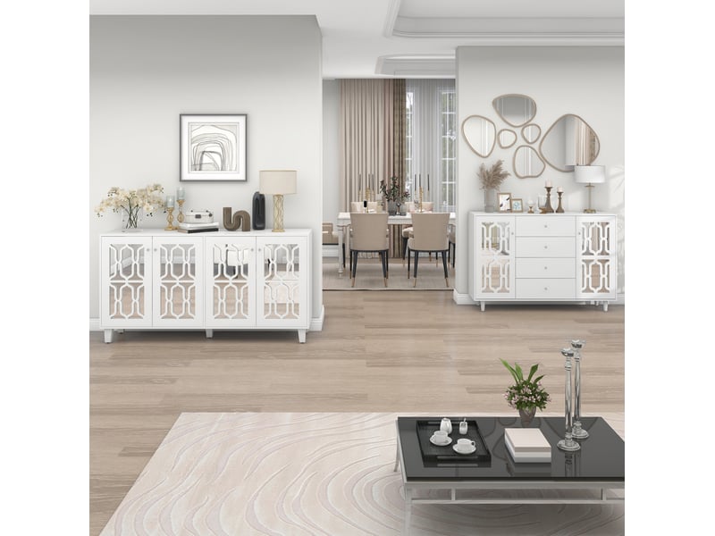  Buffet bas modenvie 4 portes à inserts miroir 160 x 40 x 84 cm blanc mdf  - Conforama E