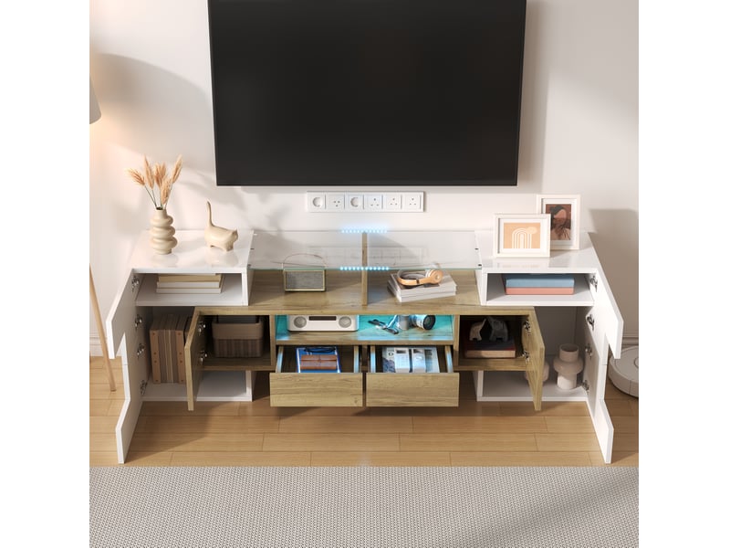  Meuble tv modenvie 145 x 30 x 51 cm led multicolore blanc brillant et bois  - Conforama D