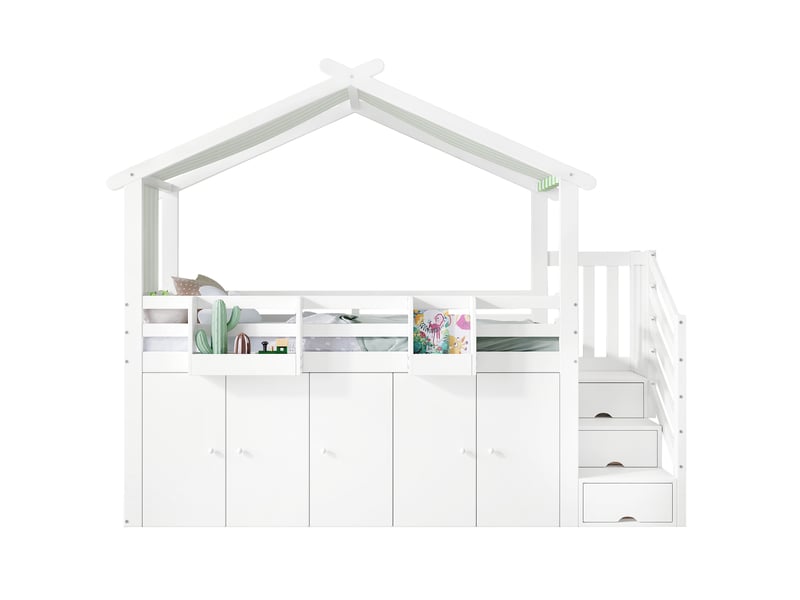  Lit mezzanine 90x200 cm, lit enfant avec armoire de rangement, escalier à tiroirs, en bois massif et mdf, blanc  - Conforama A