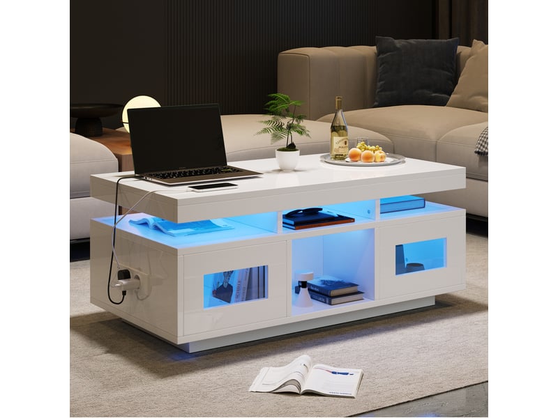  Table basse rectangulaire 100x50x43 cm avec rangement, éclairage led, prise européenne et usb, 2 portes et niches ouvertes en panneaux de particules - blanc  - Conforama B
