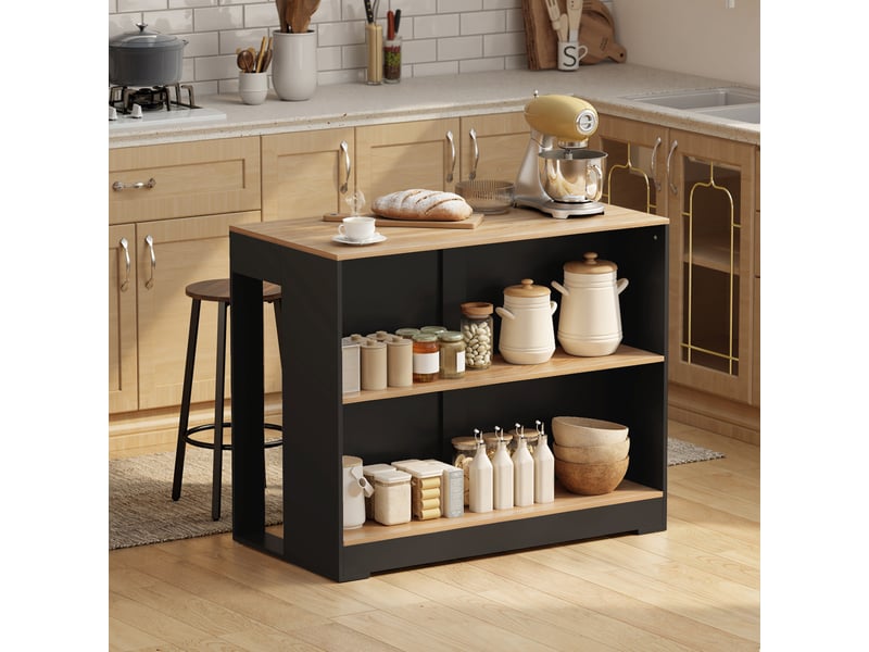  Îlot de cuisine avec comptoir bar et 3 étagères pour salon et séjour, 113 x 60 x 90 cm, noir et bois  - Conforama C