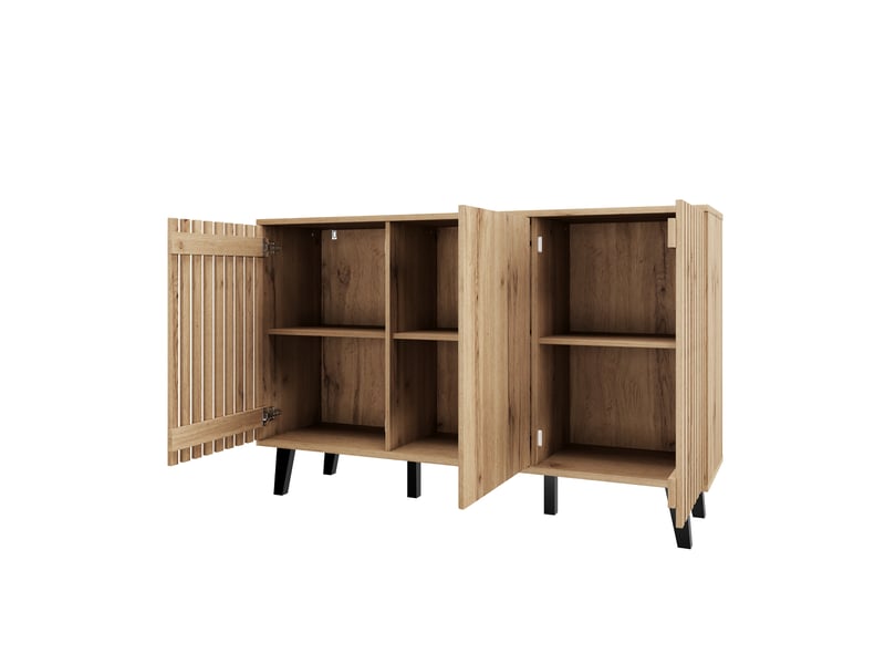 Buffet bois naturel 150 cm, meuble de rangement 3 portes avec 6 compartiments, pieds noirs - Conforama W