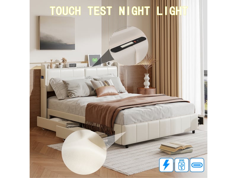  Lit 160x200 avec sommier et rangement,cadre de lit avec charge usb, lit double capitonné avec 4 tiroirs, facile à assembler, pu, sans matelas, blanc  - Conforama E