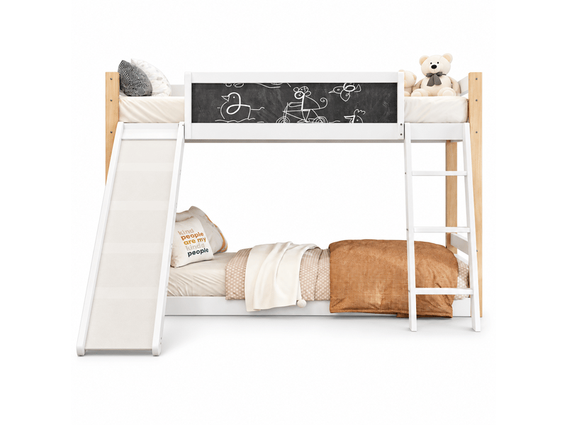  Lit superposé enfant 90x20090x190 cm, 2 couchages, toboggan modulable, escalier, garde-corps intégral, tableau, structure en bois blanc  - Conforama A