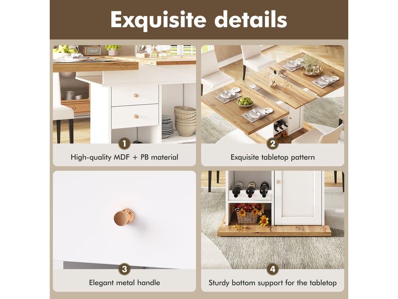  Table extensible avec tiroir, porte abattante et étagères réglables en mdf 110–140×80×75 cm blanc et naturel  - Conforama C
