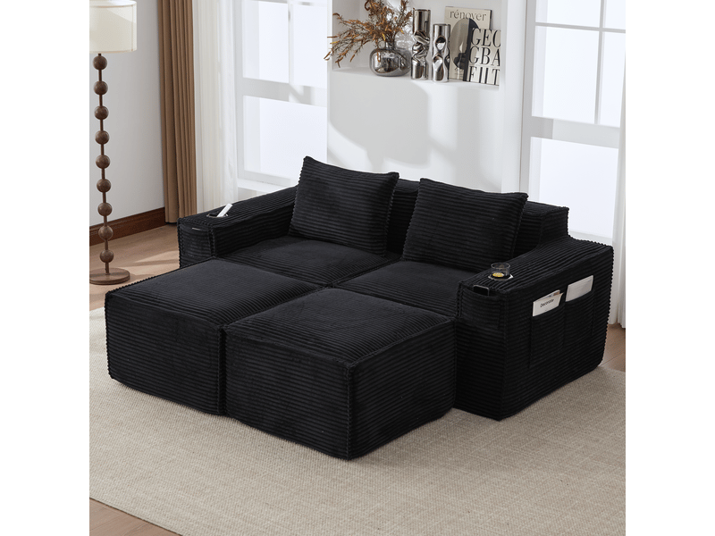  Canapé modulaire 2 places avec 2 poufs et porte-gobelets - lpospi - poches latérales, velours côtelé noir  - Conforama B